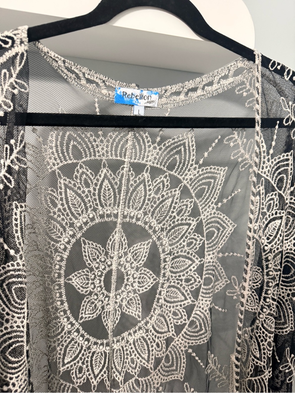 Rebellion Black Sheer Kimono with White Embroidered Mandala - Picture 2 of 4